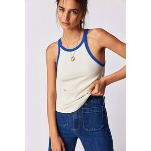 Free People We The Free Ringer Tank Womens S Cream Blue Ribbed Y2K Casual